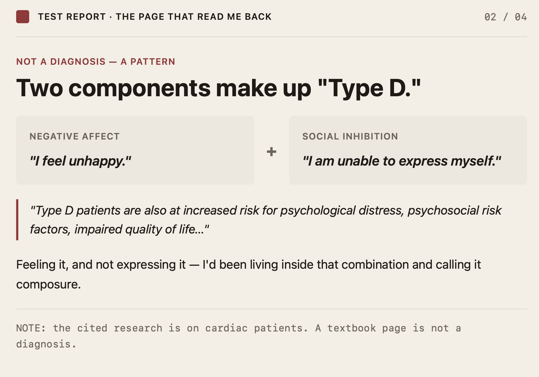 Test report card, 02 of 04: the two components of "Type D" — negative affect ("I feel unhappy") plus social inhibition ("I am unable to express myself"). Not a diagnosis — a pattern.