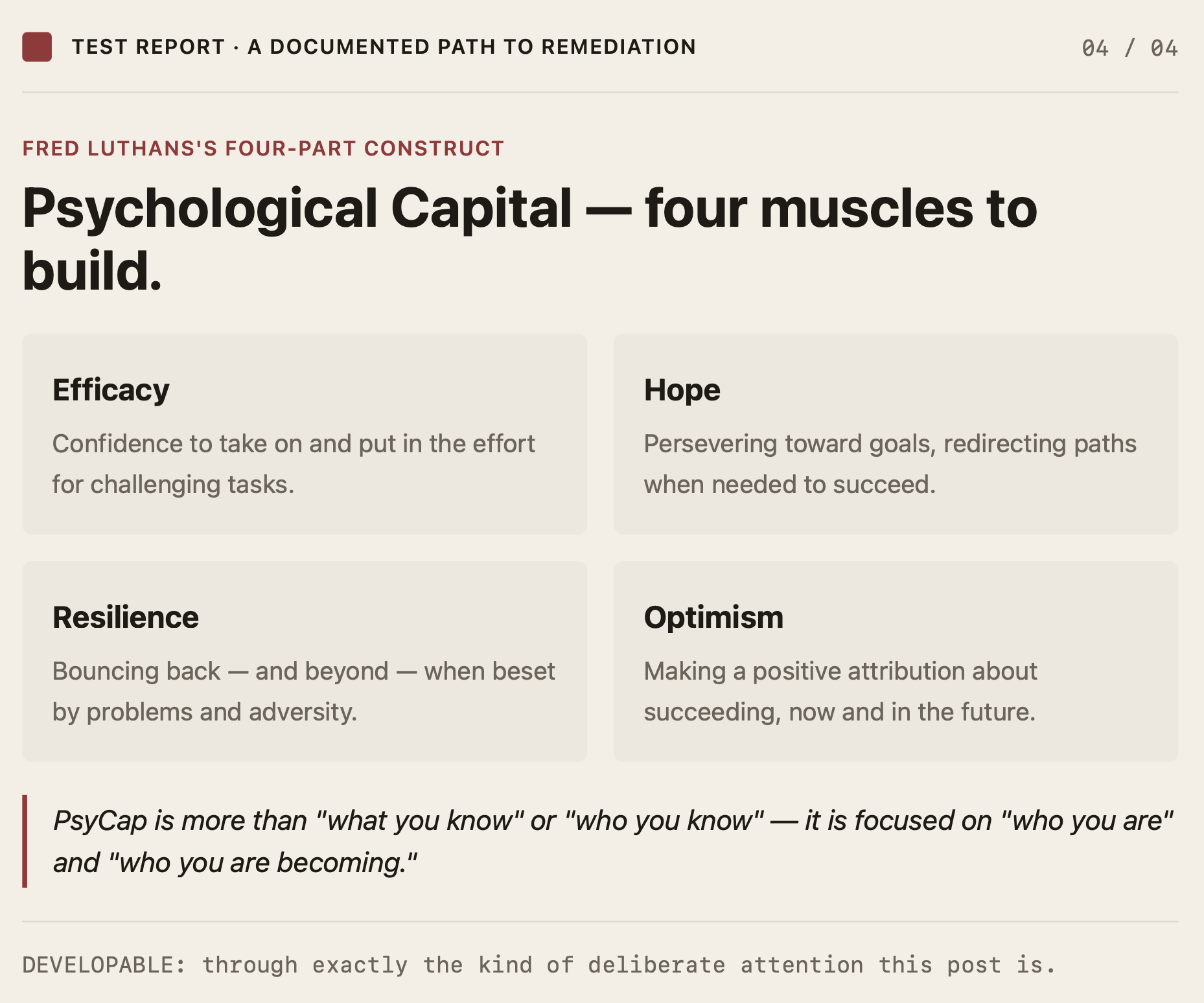 Test report card, 04 of 04: Psychological Capital's four muscles to build — efficacy, hope, resilience, and optimism — developable through deliberate attention.