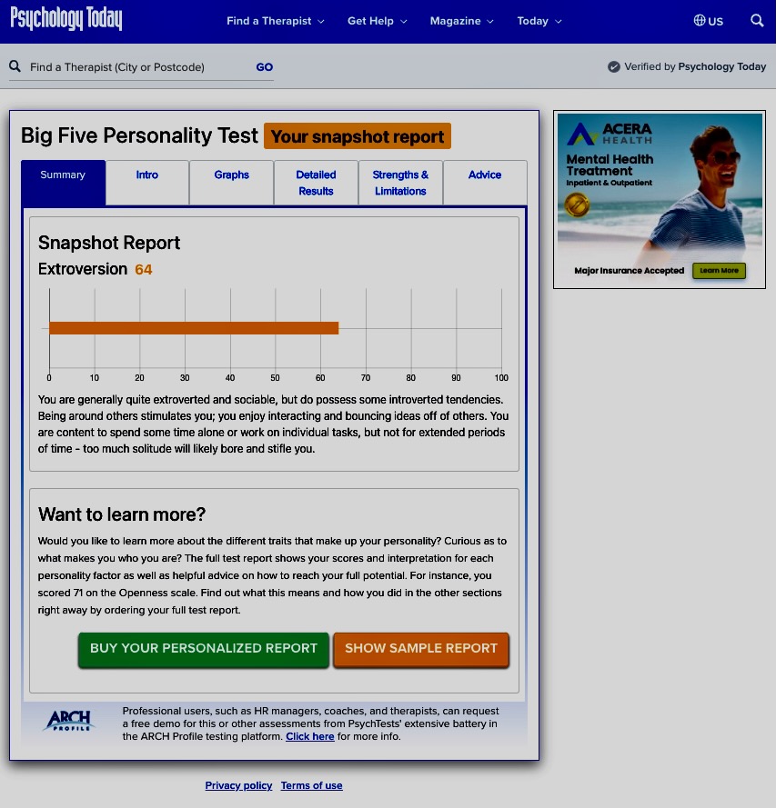 My actual Big Five snapshot report: Extroversion 64, and the button.