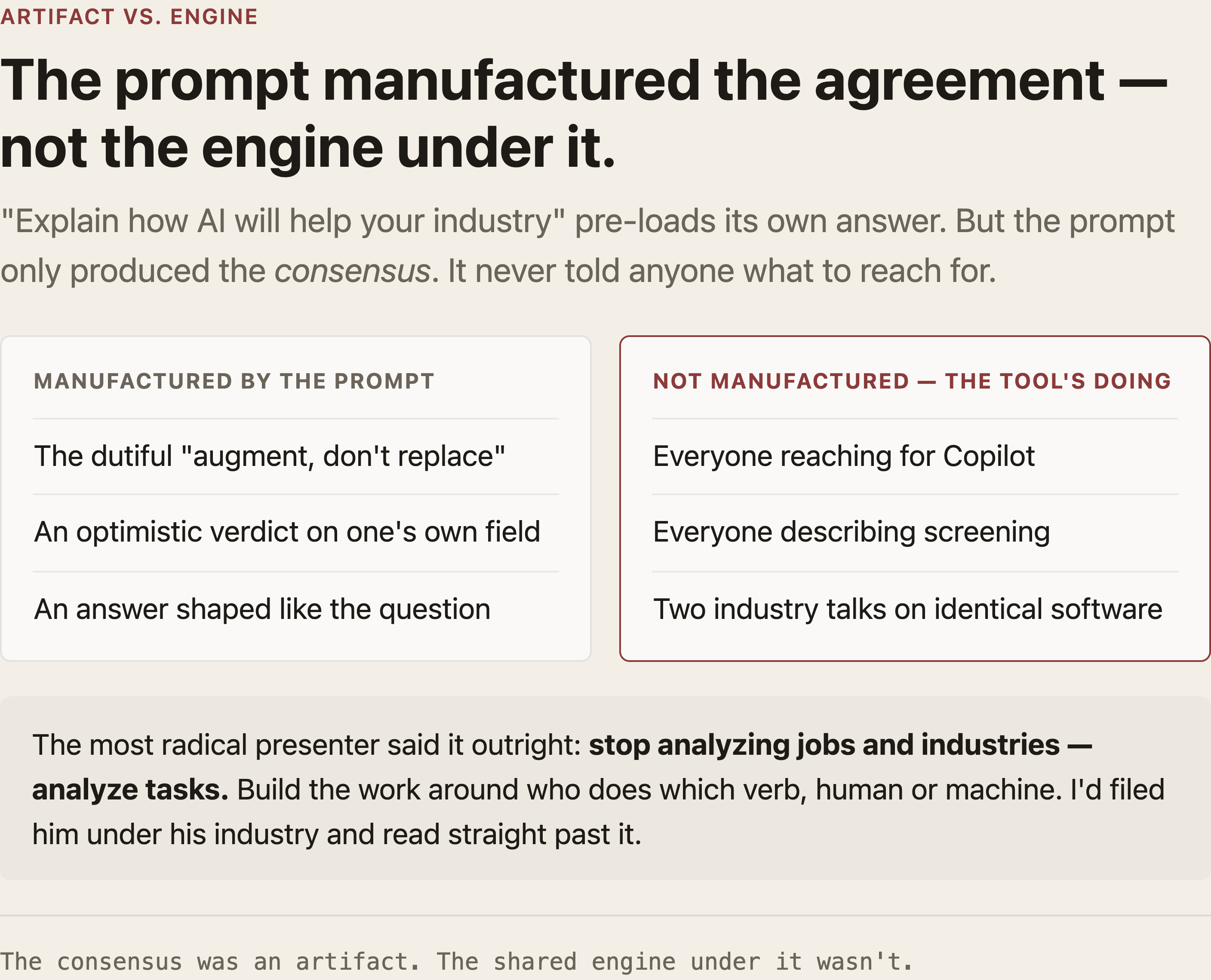 Artifact vs. engine: the prompt manufactured the "augment, don't replace" agreement, but not the machinery underneath — everyone independently reaching for Copilot, describing screening, building on identical software.