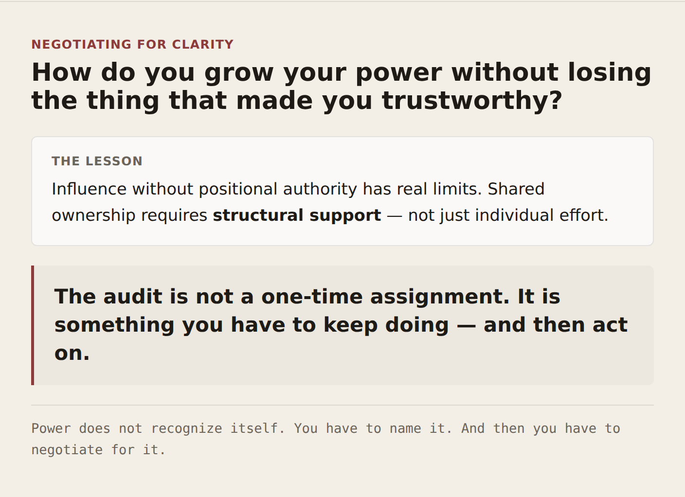 Infographic 07, negotiating for clarity — how do you grow your power without losing the thing that made you trustworthy? THE LESSON: influence without positional authority has real limits; shared ownership requires structural support, not just individual effort. Below, a pull-quote: the audit is not a one-time assignment, it is something you have to keep doing — and then act on. Footer: power does not recognize itself. You have to name it. And then you have to negotiate for it.