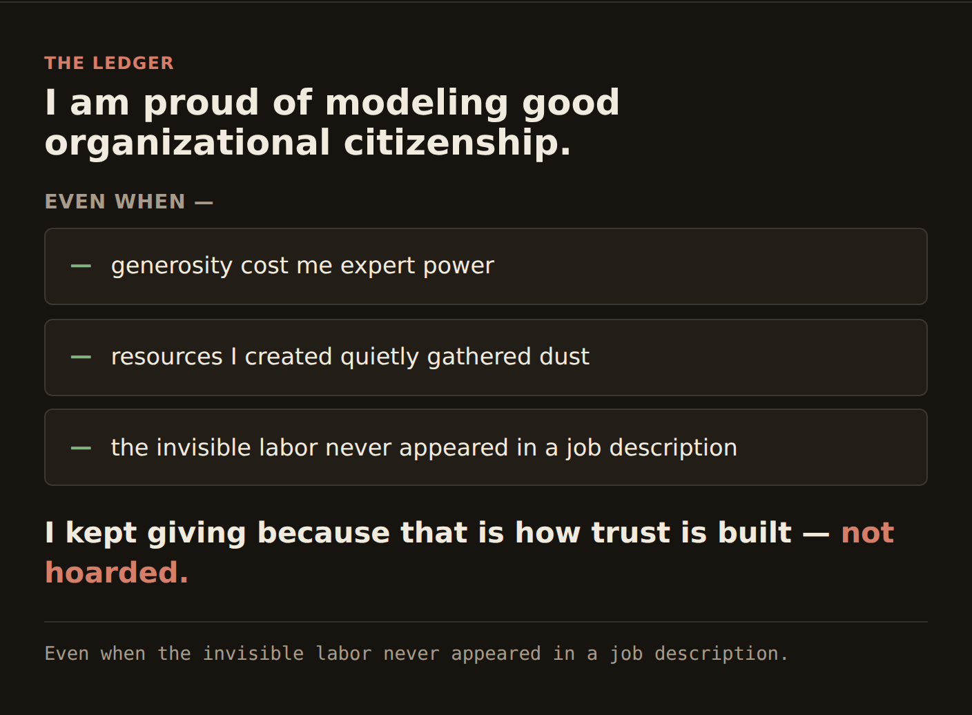 Infographic 06, the ledger — I am proud of modeling good organizational citizenship. Under the heading EVEN WHEN, three list items: generosity cost me expert power; resources I created quietly gathered dust; the invisible labor never appeared in a job description. Closing line: I kept giving because that is how trust is built — not hoarded. Footer: even when the invisible labor never appeared in a job description.