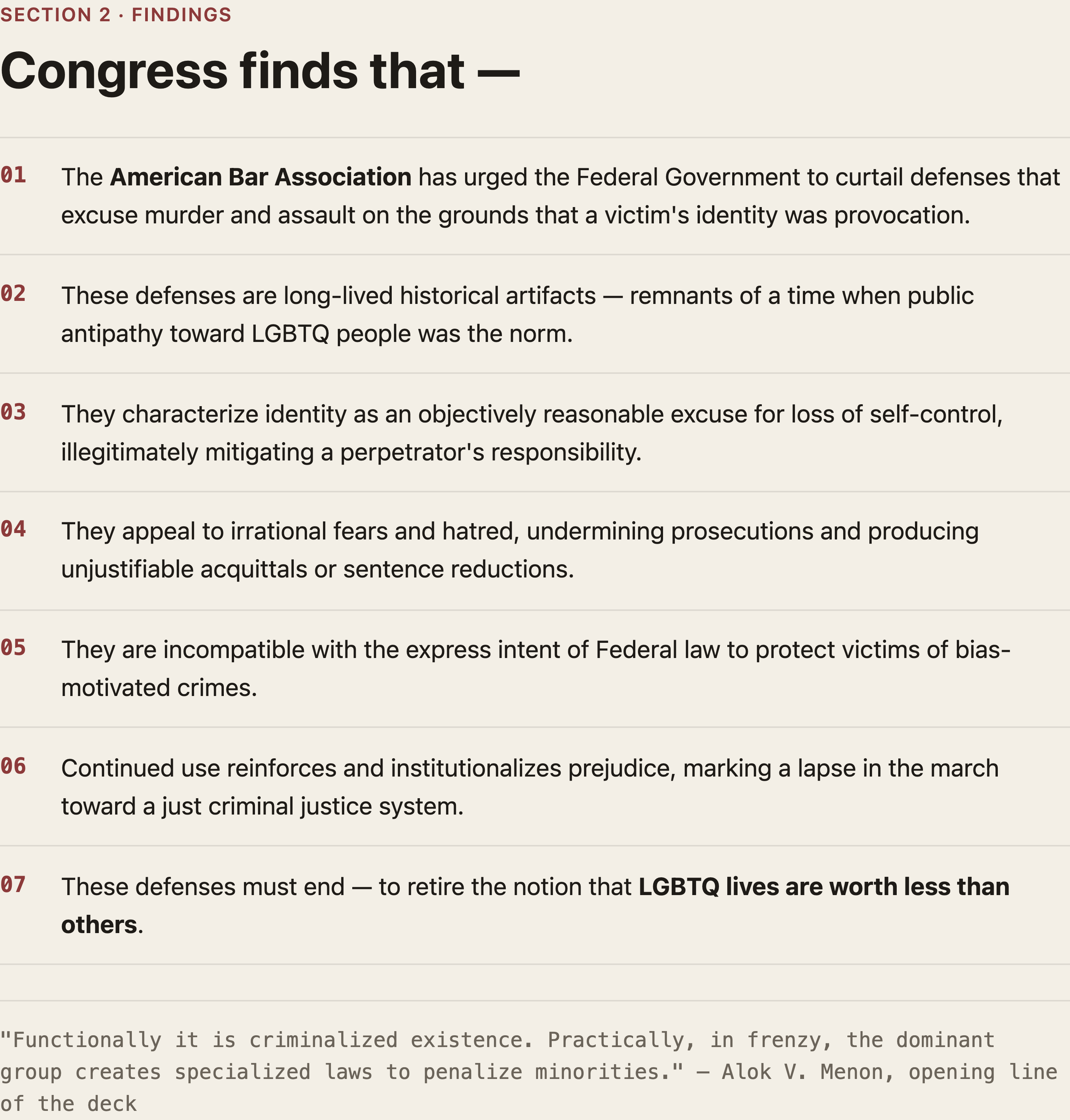 Slide from my presentation — Section 2 of the bill: the seven Congressional findings, from the American Bar Association's call to end the practice to the finding that these defenses reinforce "the antiquated notion that LGBTQ lives are worth less than others."