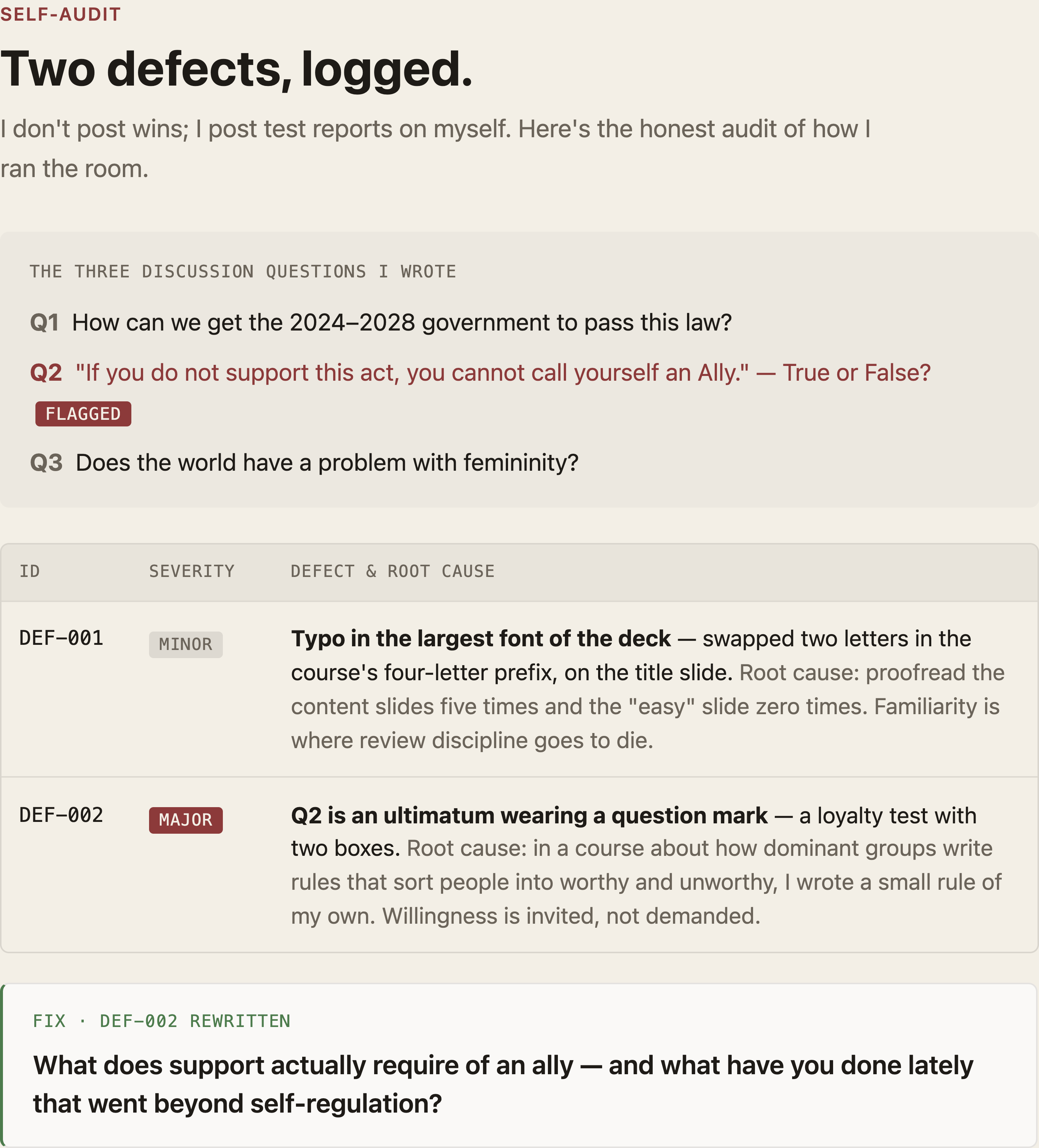 My self-audit slide — the three discussion questions I wrote (the true-or-false ally statement flagged), plus the two defects logged with root cause: DEF-001, the title-slide typo, and DEF-002, the ultimatum question, with the rewritten version below.