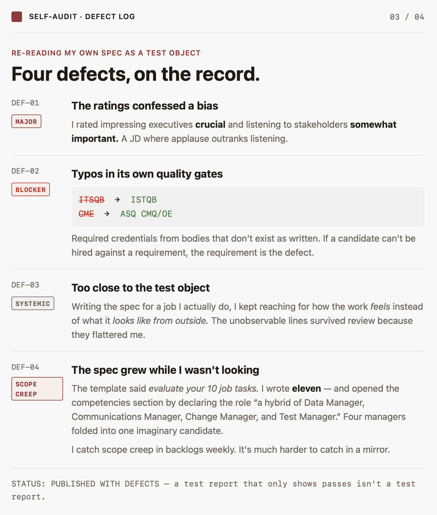 Four defects, on the record.