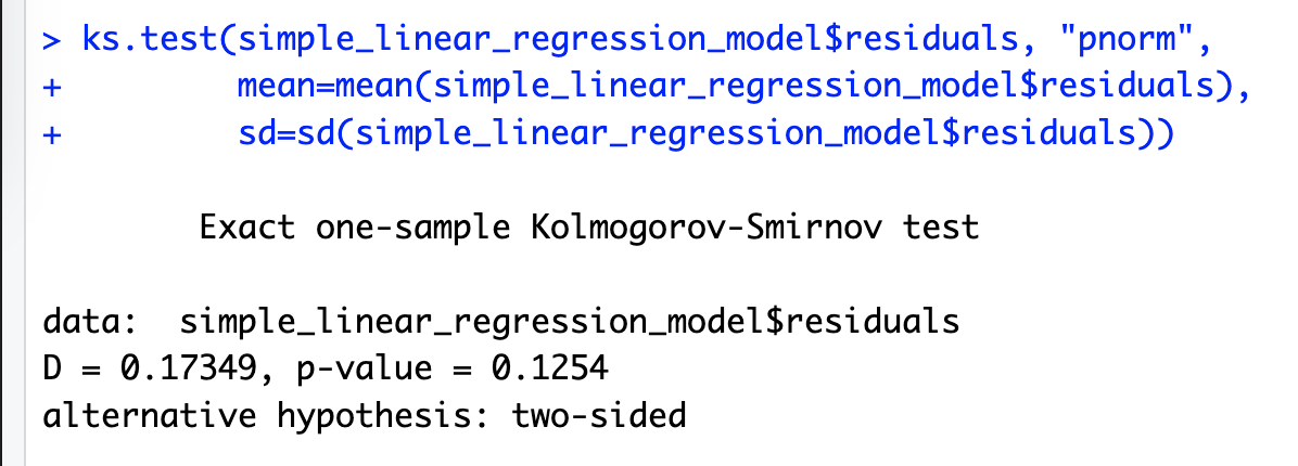 R console output for ks.test(): D = 0.17349, p-value = 0.1254.