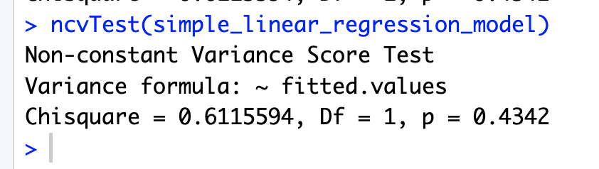 R console output for ncvTest(): Chisquare = 0.6115594, Df = 1, p = 0.4342.